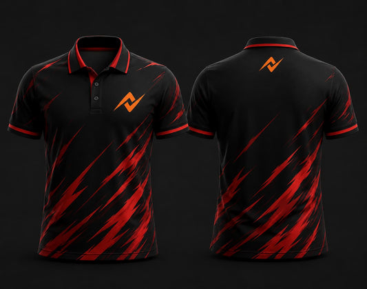 Black and red polo collar esports jersey with flame graphics, custom orange logo on the left chest and below the back neck, front and back mockup.
