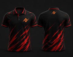 Black and red polo collar esports jersey with flame graphics, custom orange logo on the left chest and below the back neck, front and back mockup.