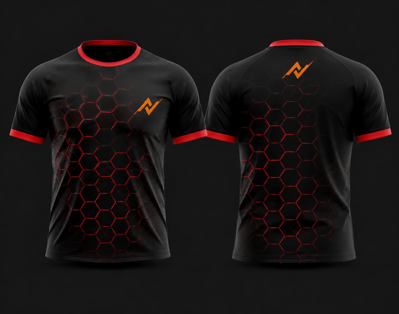 Front and back view of a black and red round neck cricket jersey featuring a modern red hexagon honeycomb pattern with orange chest and back logos.
