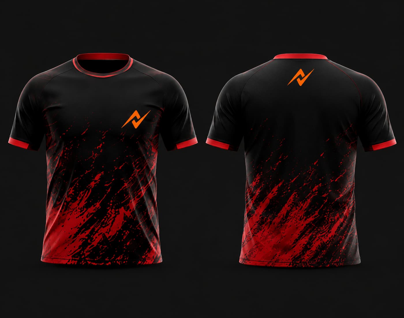 Front and back view of a black and red round neck cricket jersey with dynamic red splash graphics and orange logo, customizable cricket team jersey.