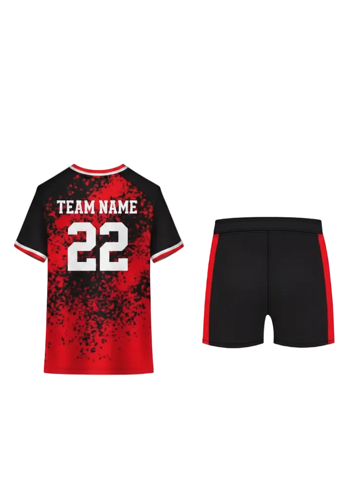 Black and red splatter custom sports jersey with matching shorts for cricket, football and volleyball team uniform sublimation printing