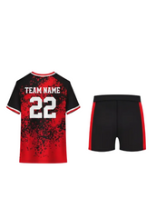 Black and red splatter custom sports jersey with matching shorts for cricket, football and volleyball team uniform sublimation printing