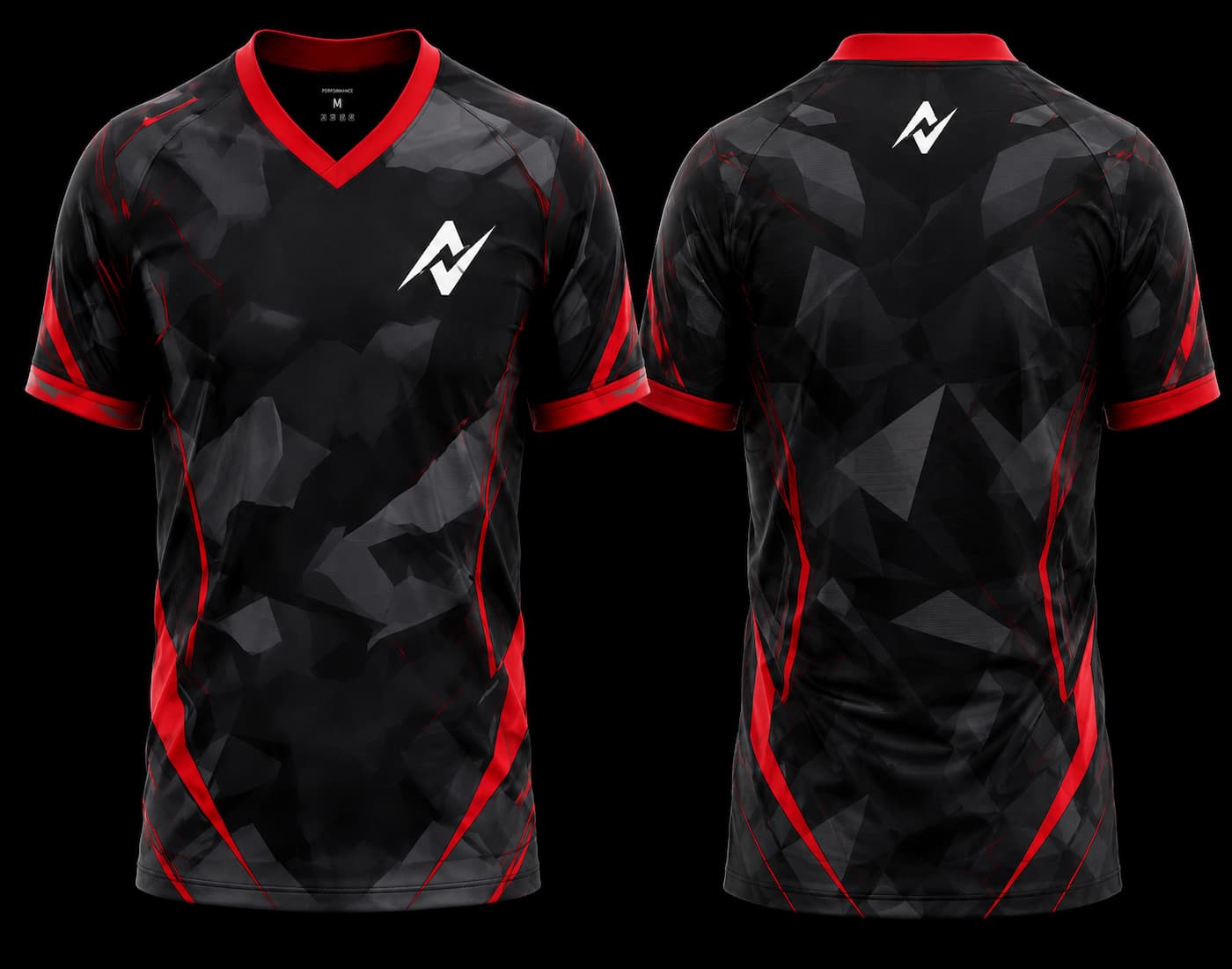 Black and red V-neck esports jersey featuring a stealth geometric camouflage pattern with premium front and back sublimation gaming jersey design.