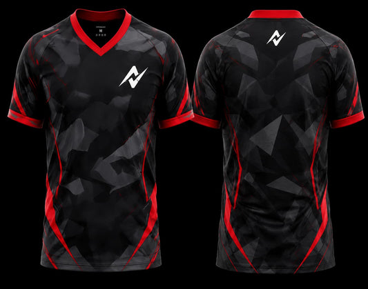 Black and red V-neck esports jersey featuring a stealth geometric camouflage pattern with premium front and back sublimation gaming jersey design.
