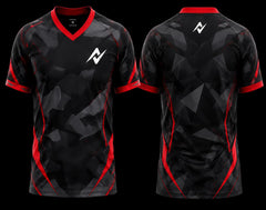 Black and red V-neck esports jersey featuring a stealth geometric camouflage pattern with premium front and back sublimation gaming jersey design.