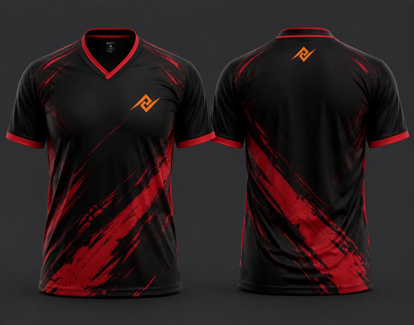 Front and back view of a black and red V-neck cricket jersey featuring bold red brush-stroke graphics with an orange logo on the chest and below the back neckline.