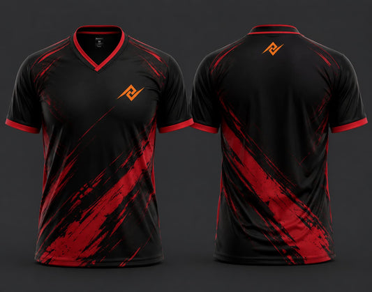 Front and back view of a black and red V-neck cricket jersey featuring bold red brush-stroke graphics with an orange logo on the chest and below the back neckline.