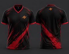Front and back view of a black and red V-neck cricket jersey featuring bold red brush-stroke graphics with an orange logo on the chest and below the back neckline.