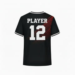 Black sports t-shirt back design with red diagonal stripe pattern for custom cricket and football team jersey printing by NextPrint India.
