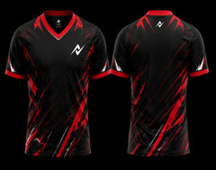 Black and red V-neck esports jersey with dynamic brush stroke graphics, front and back custom gaming jersey design.