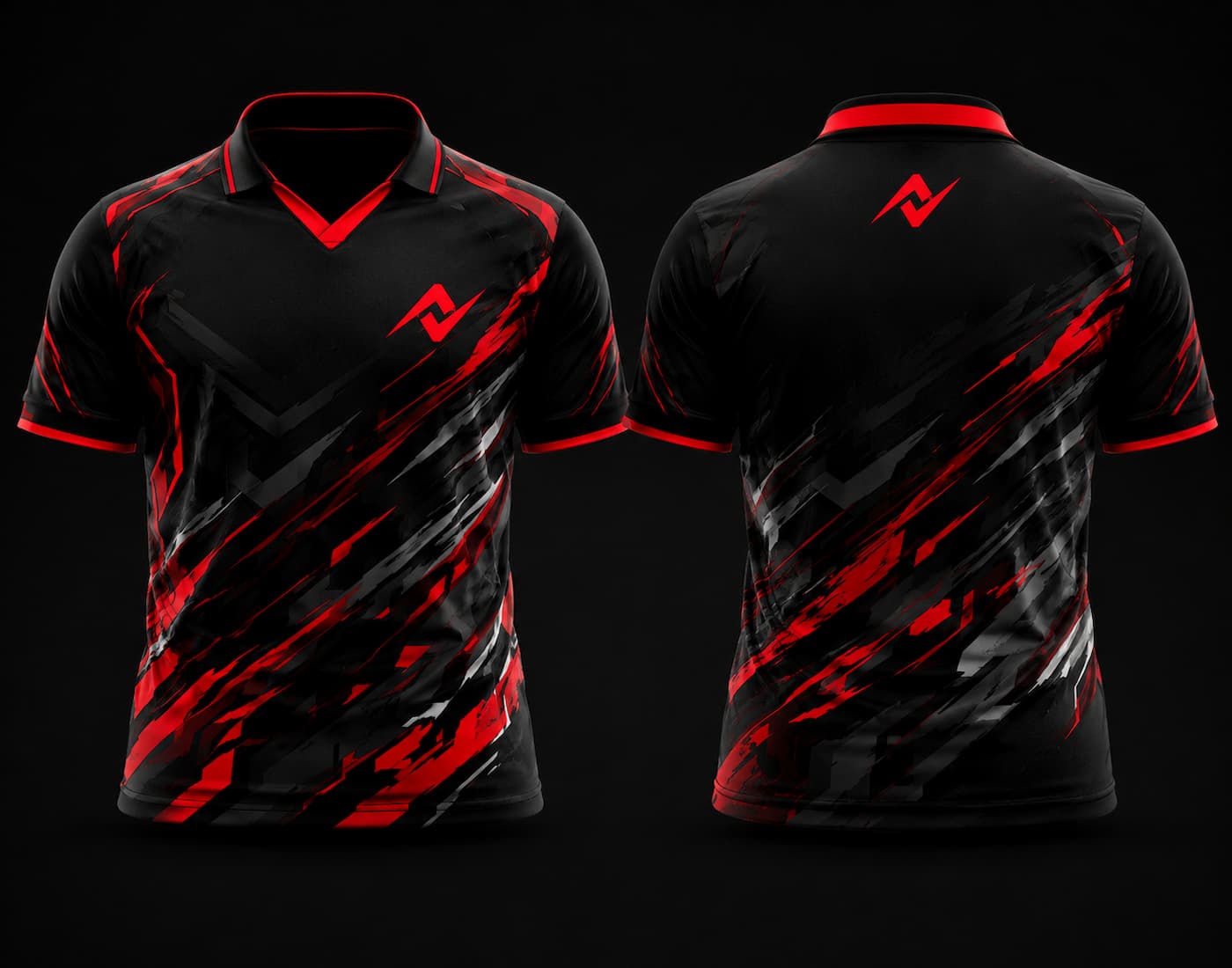 Black and red V-neck polo collar esports jersey featuring dynamic red brushstroke graphics with front and back views for custom gaming teams.