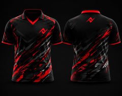 Black and red V-neck polo collar esports jersey featuring dynamic red brushstroke graphics with front and back views for custom gaming teams.