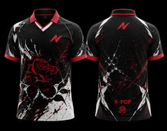Front and back view of a Black Rose K-Pop esports jersey featuring black and red colors, rose artwork, abstract paint-splash graphics, chest logo, and back neck logo.