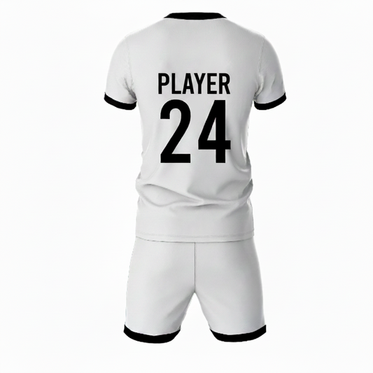Black athletic sports jersey with white shorts back side view