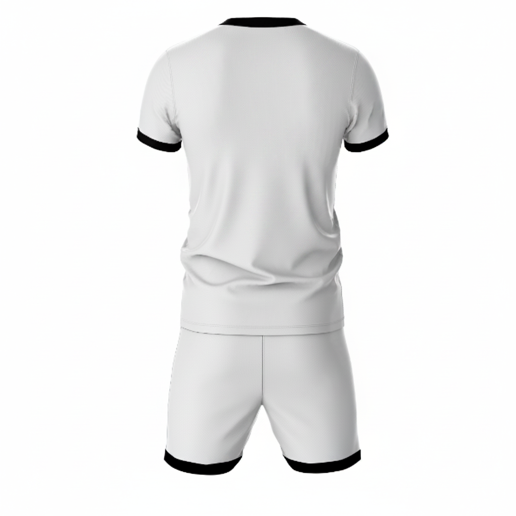 Premium black sportswear jersey and white shorts set side angle view