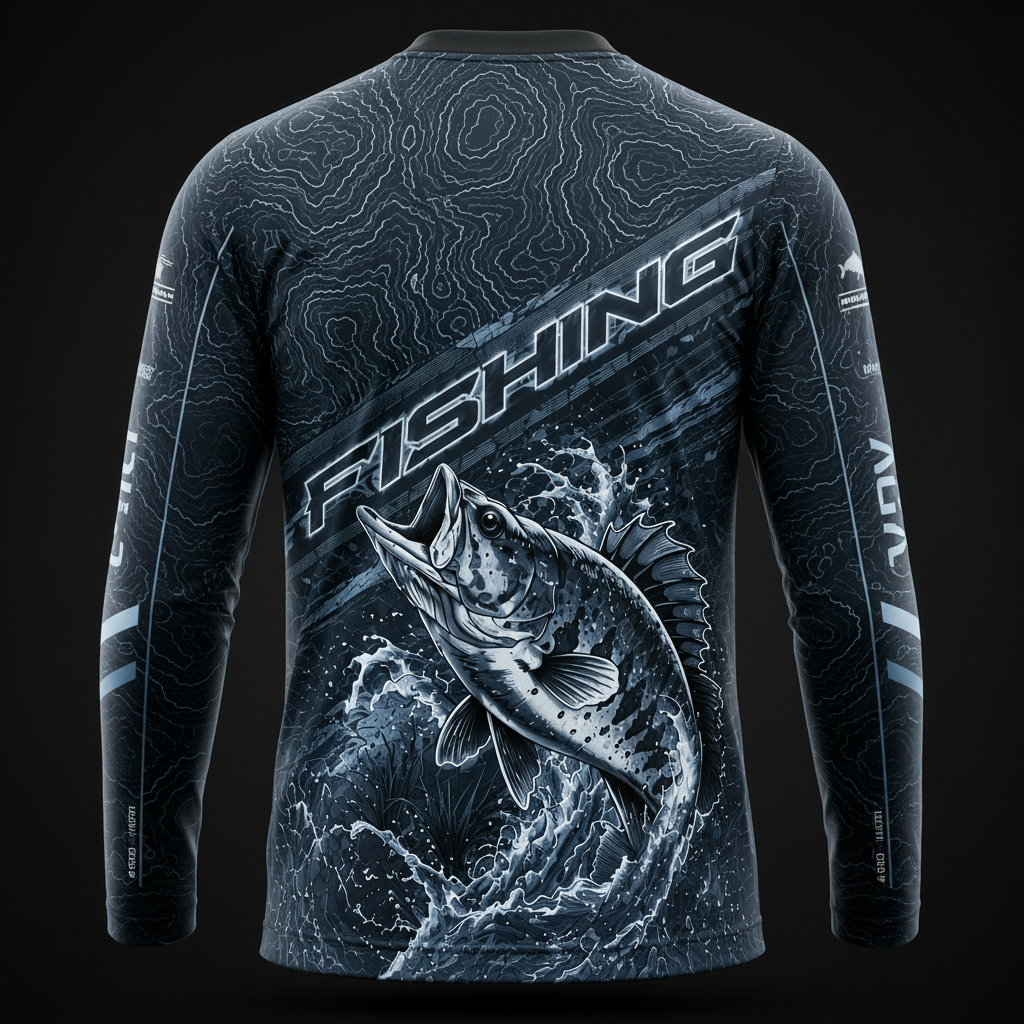 Black Tactical Fishing Jersey for Men – UV 50+ Long Sleeve Performance Fishing Shirt with Topographic Fish Design