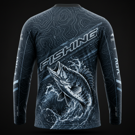Black Tactical Fishing Jersey for Men – UV 50+ Long Sleeve Performance Fishing Shirt with Topographic Fish Design