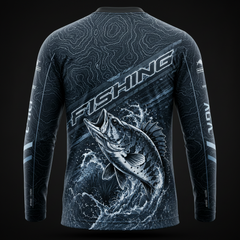 Black Tactical Fishing Jersey for Men – UV 50+ Long Sleeve Performance Fishing Shirt with Topographic Fish Design