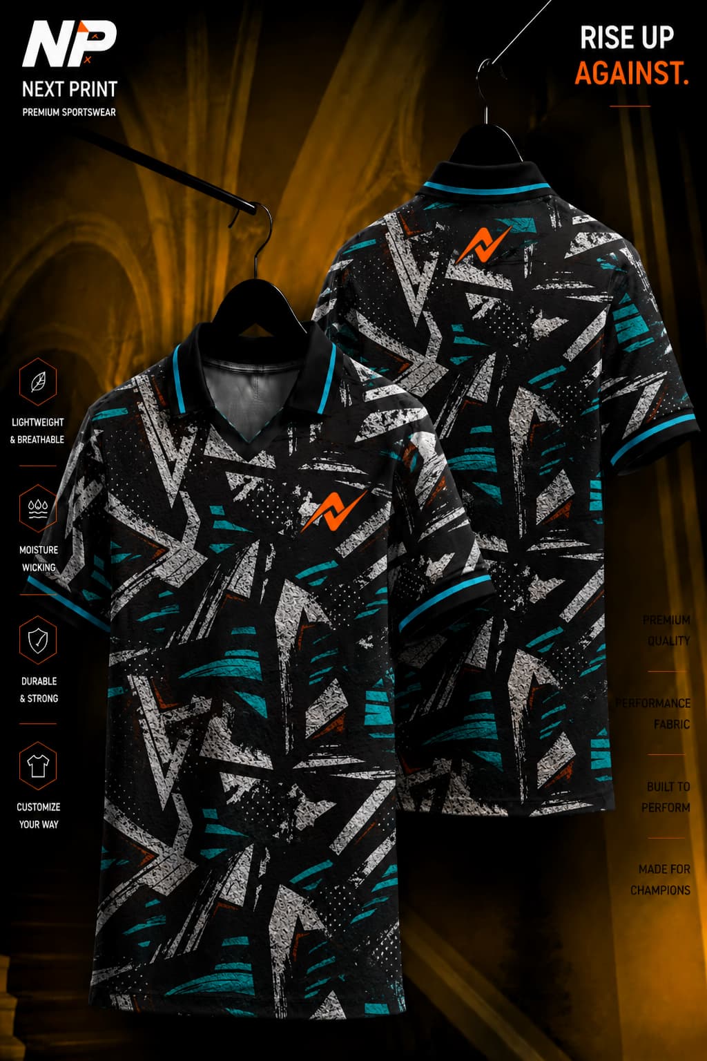 Front and back view of a black and teal abstract polo sports jersey featuring geometric graphics and premium dry-fit performance fabric.