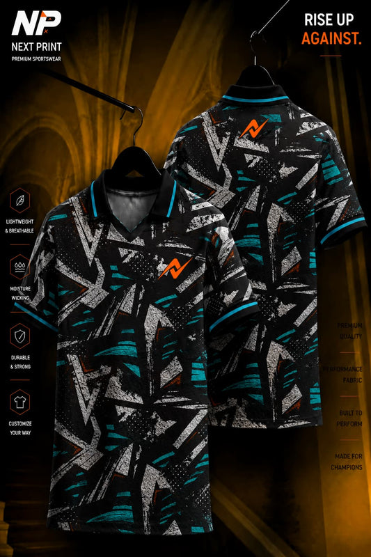 Front and back view of a black and teal abstract polo sports jersey featuring geometric graphics and premium dry-fit performance fabric.