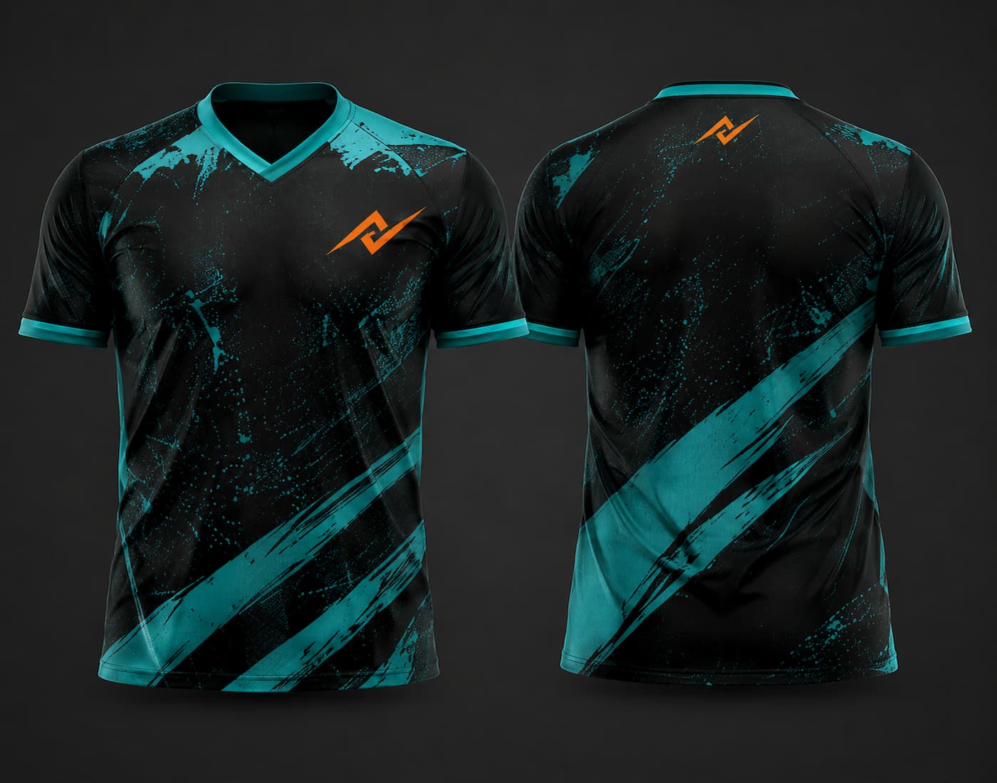 Black and teal custom V-neck cricket jersey featuring paint splash graphics, diagonal teal brush strokes, logo on the chest and below the back neck, shown in front and back view.