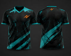 Black and teal custom V-neck cricket jersey featuring paint splash graphics, diagonal teal brush strokes, logo on the chest and below the back neck, shown in front and back view.