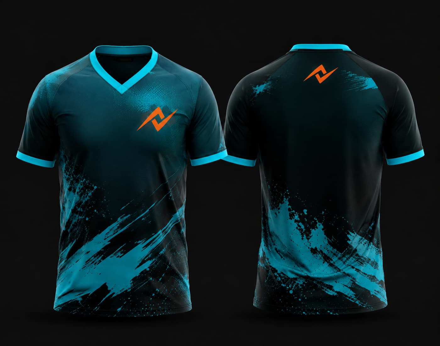 Front and back view of a black and teal custom V-neck cricket jersey featuring teal brushstroke graphics and an orange chest logo.