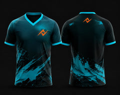 Front and back view of a black and teal custom V-neck cricket jersey featuring teal brushstroke graphics and an orange chest logo.