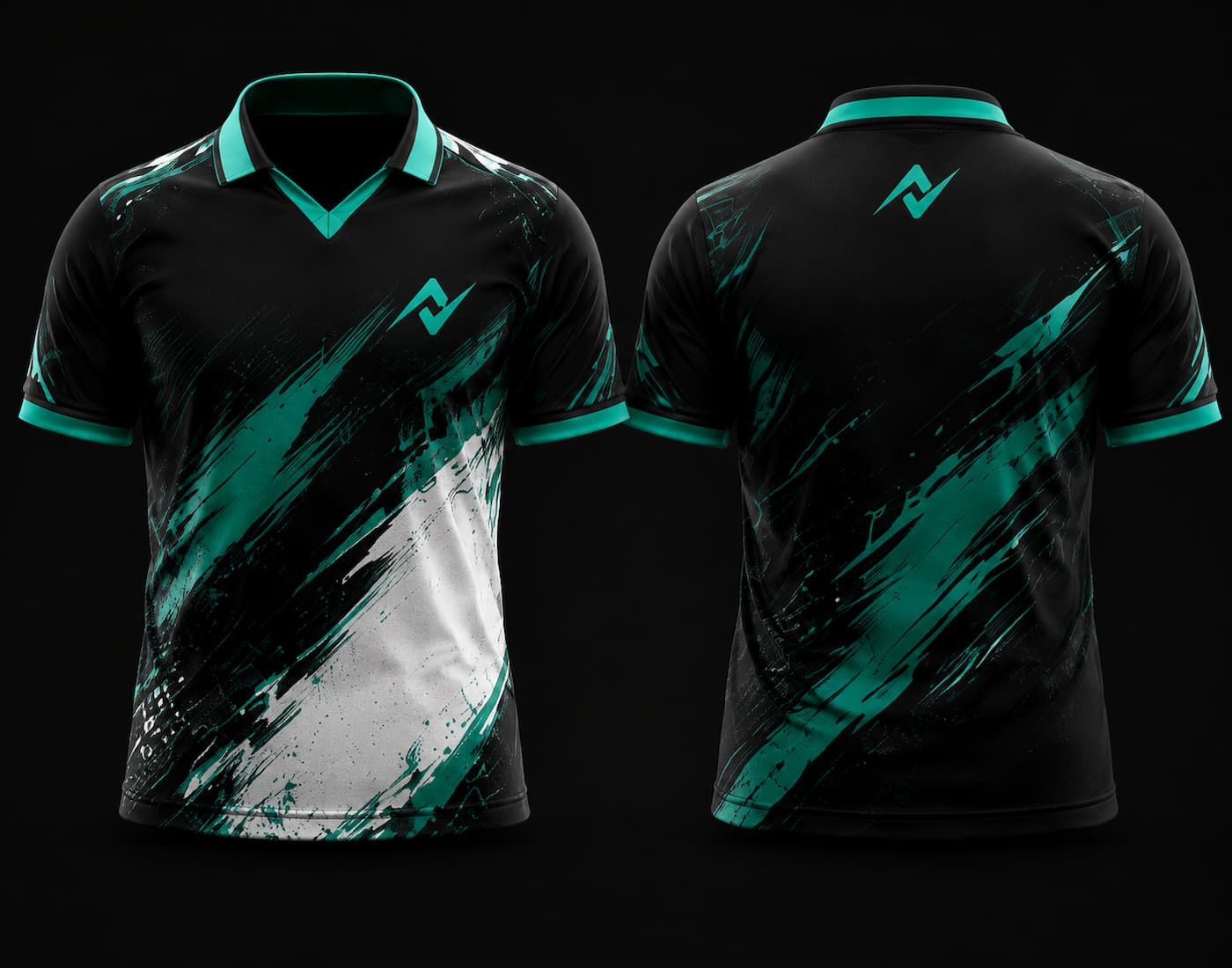 Black and teal V-neck polo collar esports jersey with modern brushstroke graphics shown in front and back views for custom gaming teams.