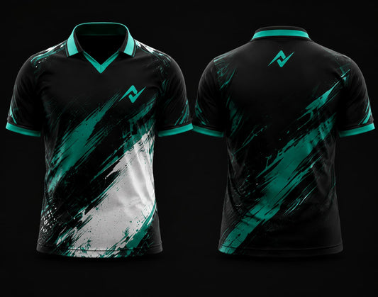 Black and teal V-neck polo collar esports jersey with modern brushstroke graphics shown in front and back views for custom gaming teams.