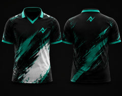 Black and teal V-neck polo collar esports jersey with modern brushstroke graphics shown in front and back views for custom gaming teams.