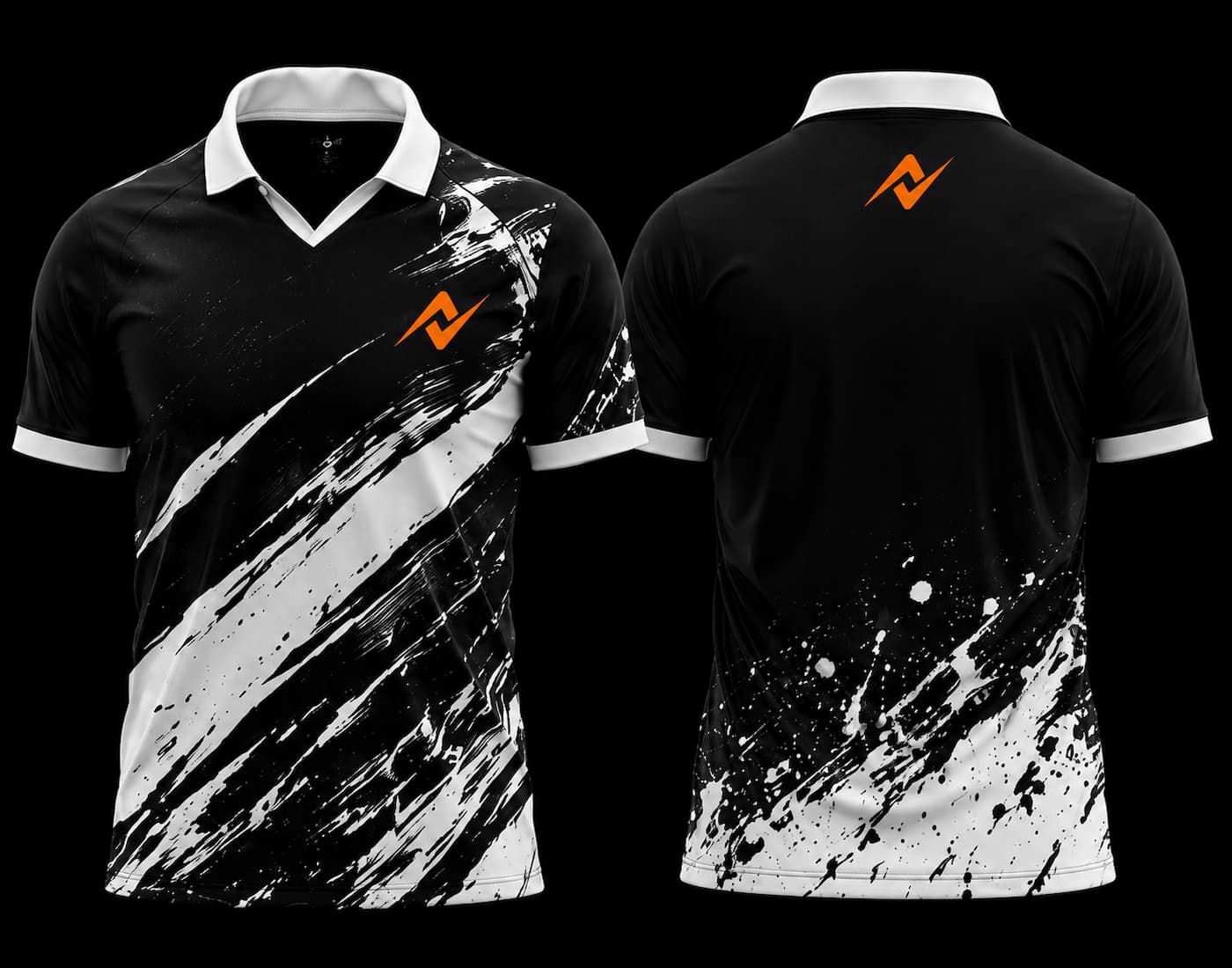 Black and white abstract brushstroke V-neck polo esports jersey front and back with orange logo.