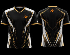 Front and back view of a black, white, and gold V-neck esports jersey featuring futuristic geometric graphics with custom chest and upper back logo placement.