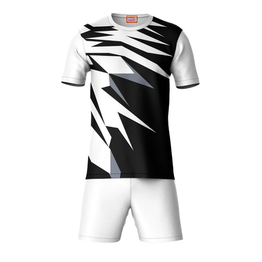 Black white grey geometric pattern sports t-shirt with white shorts co-ord set front view