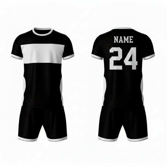 Black white pattern sports jersey with black shorts back view