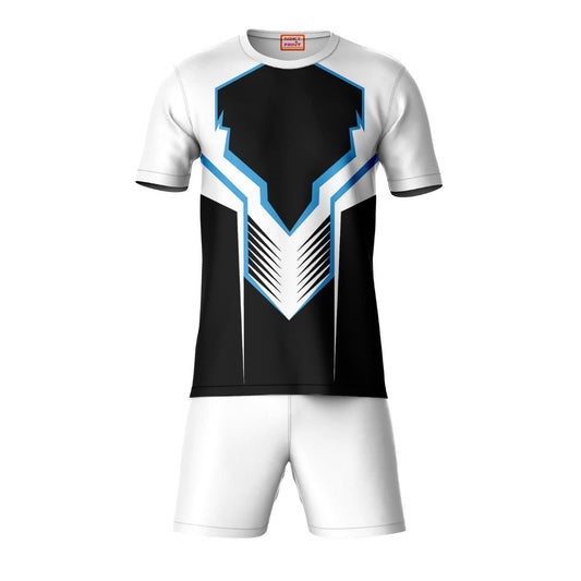 Black white pattern sports t-shirt with white shorts coord set front view for men