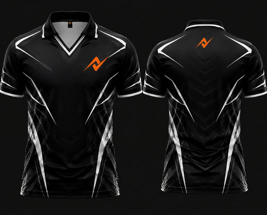 Front and back view of a black and white esports jersey with V-neck polo collar featuring chest logo and back neck logo placement.