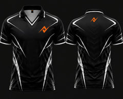 Front and back view of a black and white esports jersey with V-neck polo collar featuring chest logo and back neck logo placement.