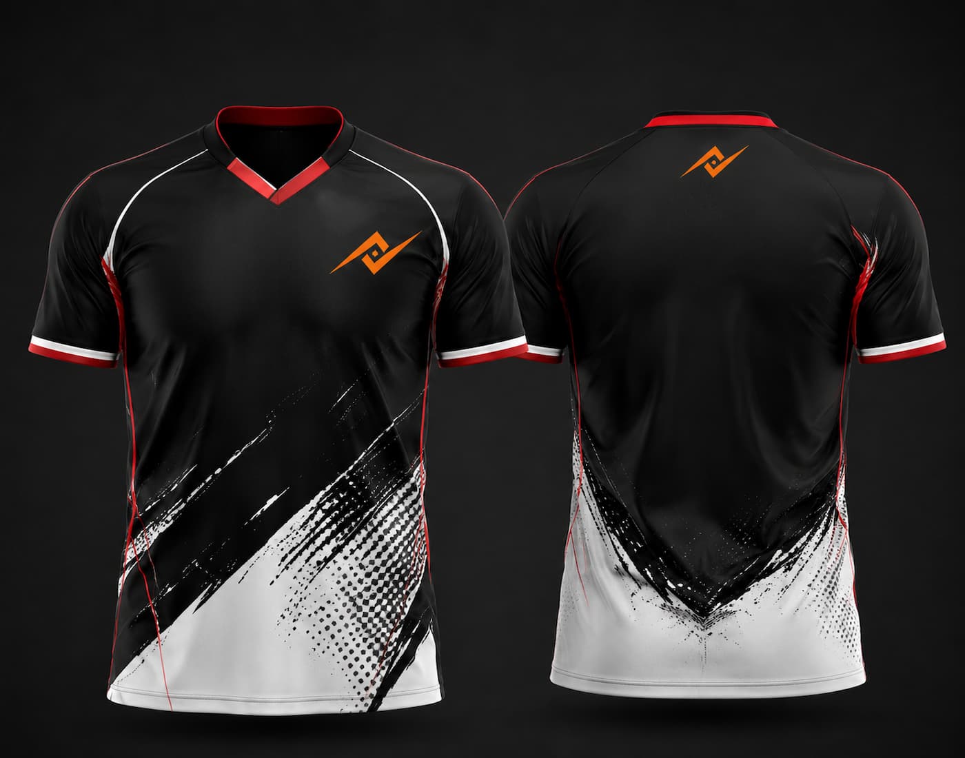 Front and back view of a black and white custom V-neck cricket jersey featuring bold brush-stroke graphics with subtle red accents, custom chest logo, and back neck logo.