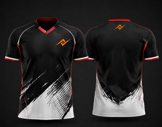 Front and back view of a black and white custom V-neck cricket jersey featuring bold brush-stroke graphics with subtle red accents, custom chest logo, and back neck logo.