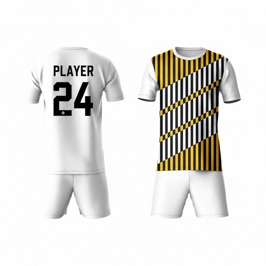 Black yellow striped activewear t-shirt with white shorts back view