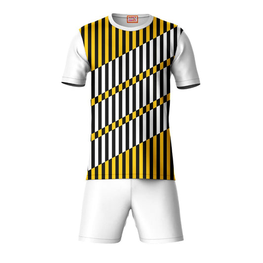 Black yellow vertical striped sports t-shirt with white shorts co-ord set front view