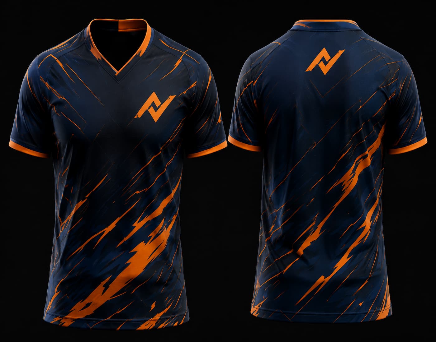 Front and back mockup of a navy blue and orange V-neck esports jersey featuring dynamic flame-inspired streak graphics with chest logo and back neck logo.