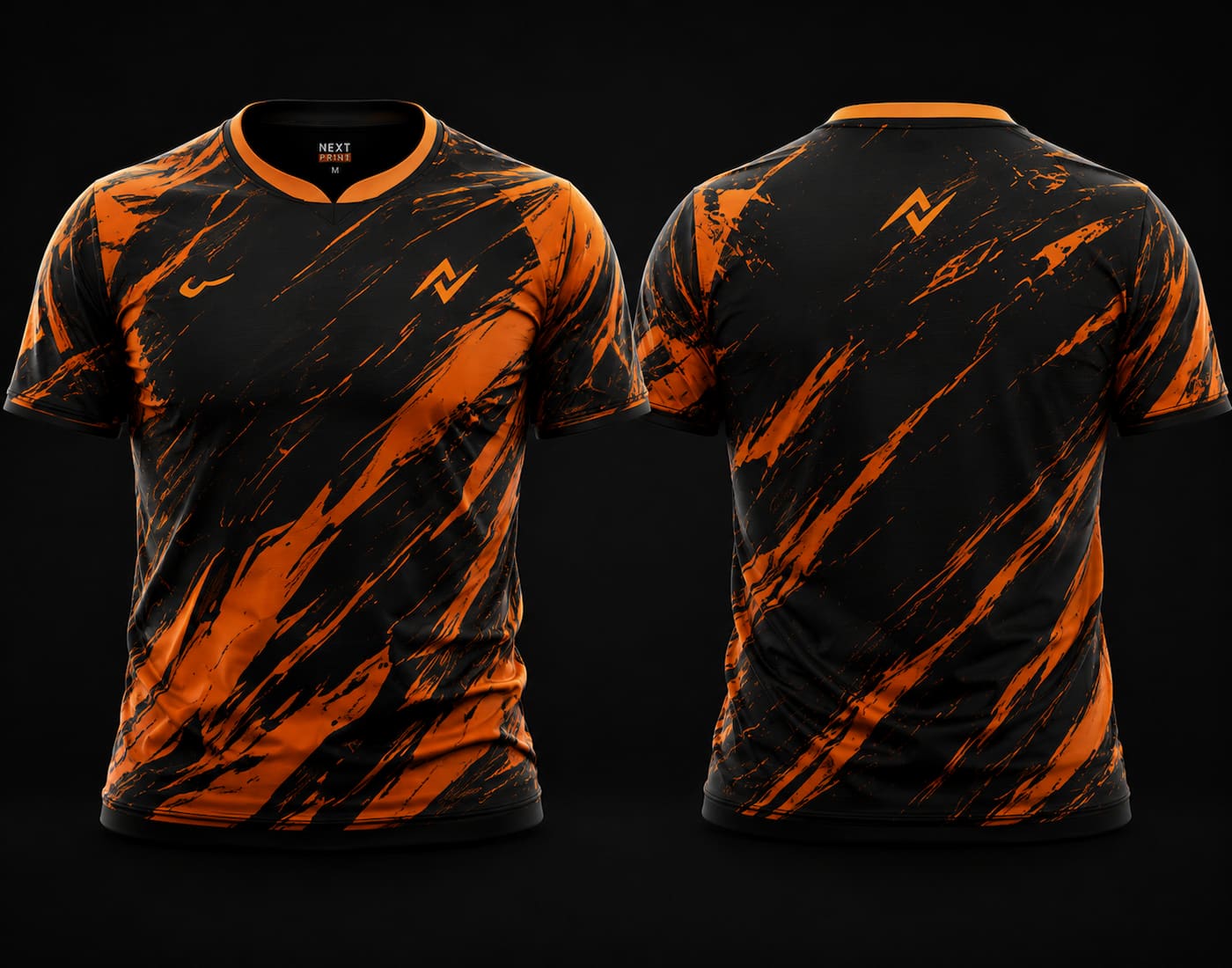 Front and back view of Blaze Storm premium esports jersey featuring orange and black graphics, round neck collar, and professional gaming apparel styling.