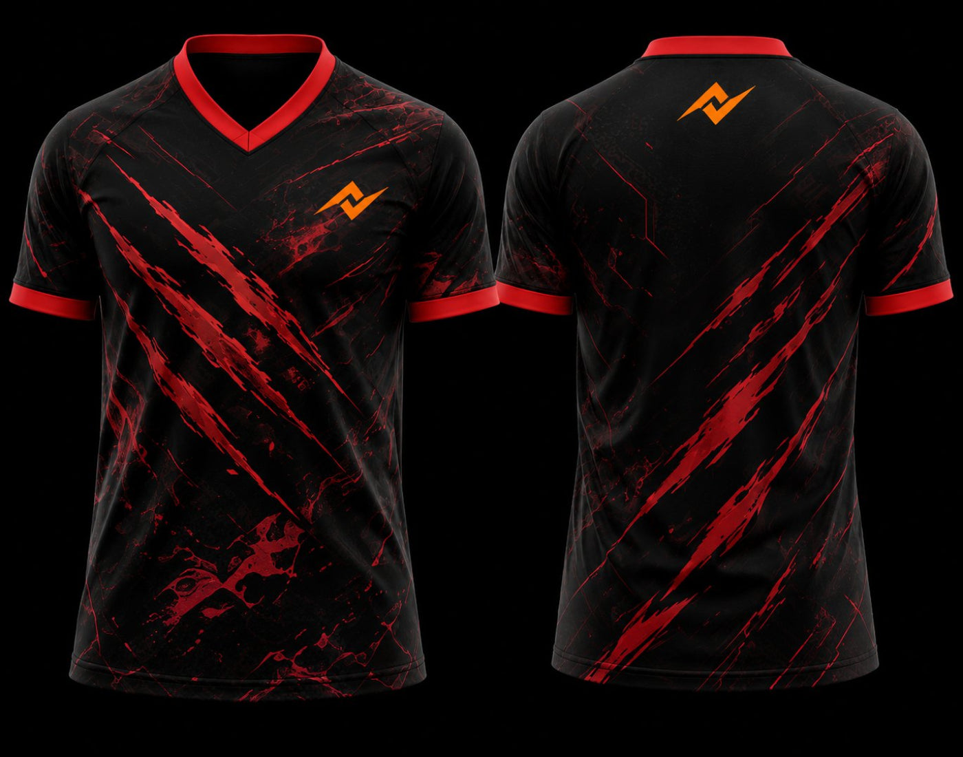 Black and blood red esports jersey with V-neck polo collar featuring claw-scratch graphics and orange logo placement on chest and back neck.