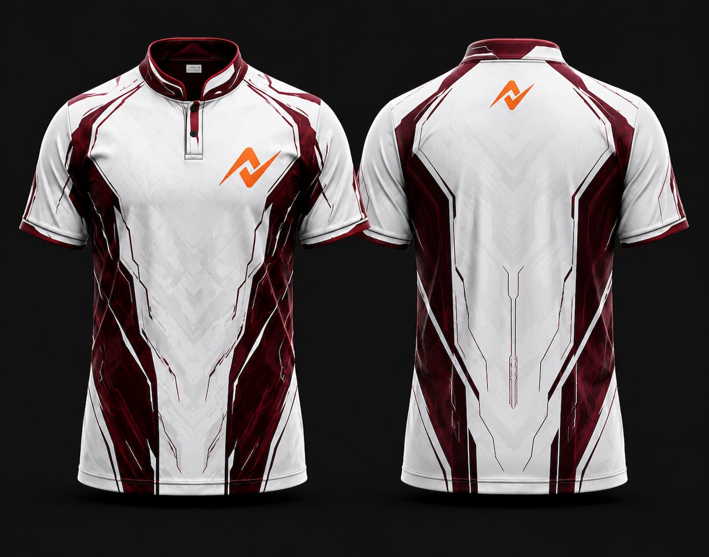 Front and back view of a white and maroon Chinese collar esports jersey featuring futuristic geometric graphics with an orange chest logo and matching back neck logo.