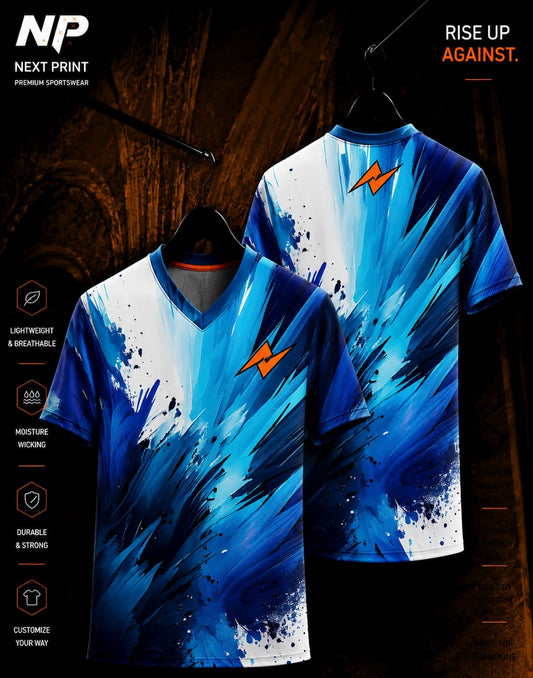 Blue abstract brush stroke sublimation V-neck custom sports jersey by Next Print