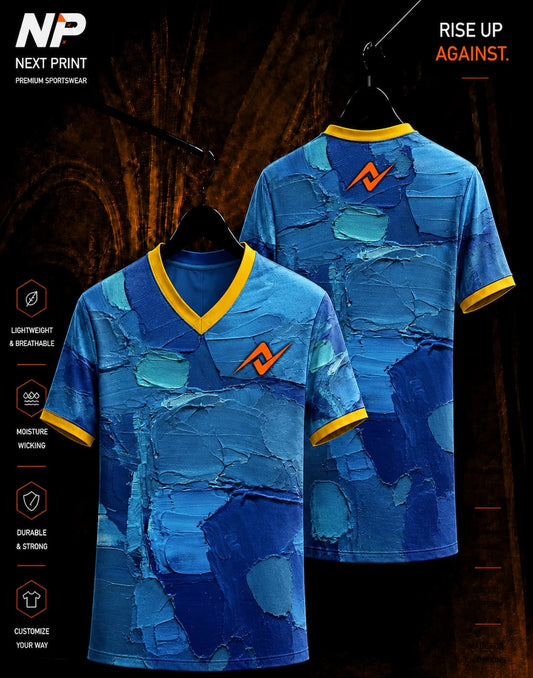 Blue abstract oil paint sublimation V-neck sports jersey with front and back view by Next Print