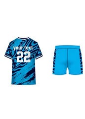 Blue abstract pattern custom sports jersey with matching shorts, back view design for cricket and football team uniforms in India
