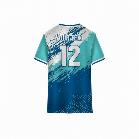 Blue and aqua custom sports jersey back view with abstract brush stroke design for cricket football volleyball and esports team uniforms by NextPrint